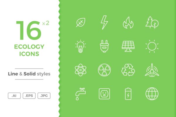 16枚生态环境主题矢量线性&amp;Solid素材天下精选图标 Ecology Icons