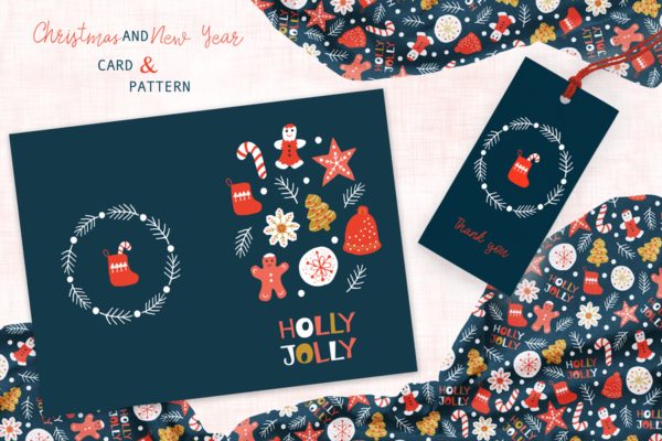 圣诞曲奇饼干手绘图案背景素材/贺卡设计模板 Christmas Cookies Greeting Card and Pattern