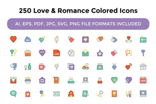 250个爱情和浪漫元素的彩色图标集合  250 Love and Romance Colored Icons