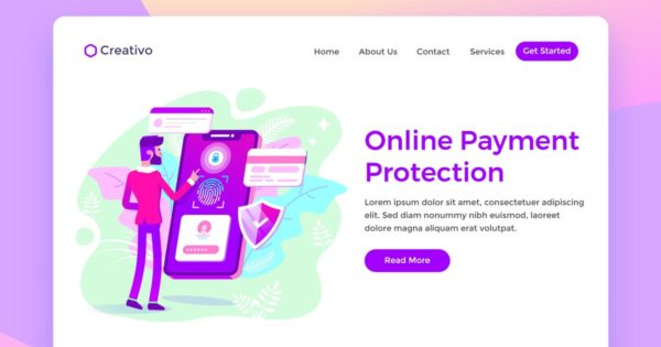 网上交易支付安全保护场景插画网站着陆页设计模板 Online Payment Protection, Banking Landing Page