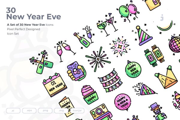 30枚新年倒数主题彩色矢量图标素材 30 New Years Eve Icons