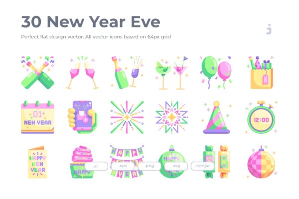 30枚新年倒数主题扁平化图标素材 30 New Year Eve Icons &#8211; Flat