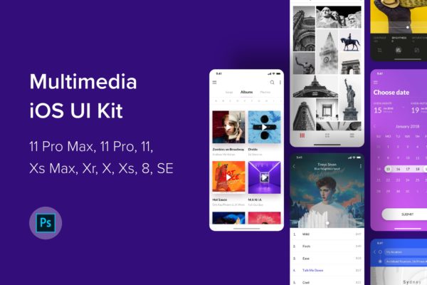 iOS平台社交媒体APP应用UI设计PSD模板 Multimedia iOS UI Kit (Photoshop)