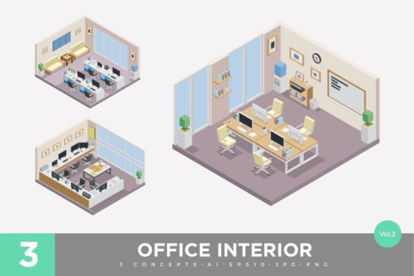 办公室场景2.5D等距概念插画v2 3 Isometric Office Cubical Interior Vector Set 2