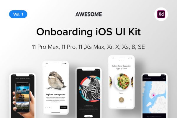 iOS平台APP应用用户引导页设计XD模板v1 Awesome iOS UI Kit &#8211; Onboarding Vol. 1 (Adobe XD)