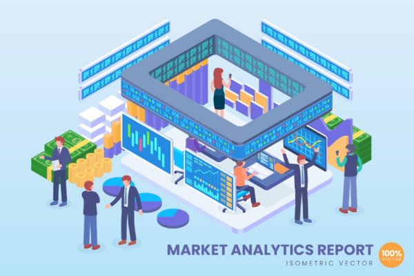 市场分析报告等距矢量概念插画 Isometric Market Analytics Report Vector Concept