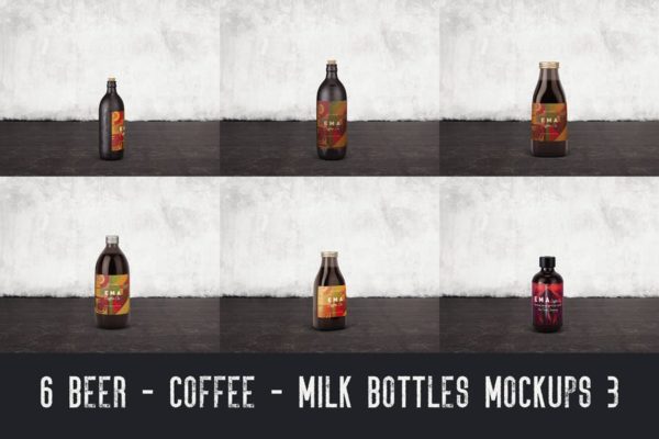 6个啤酒/咖啡/牛奶瓶外观设计16图库精选v3 6 Beer Coffee Milk Bottles Mockups 3