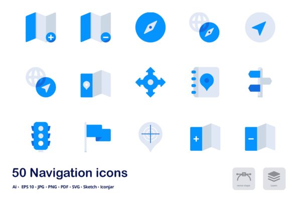 地图导航UI设计双色调扁平化矢量图标 Navigation Accent Duo Tone Flat Icons