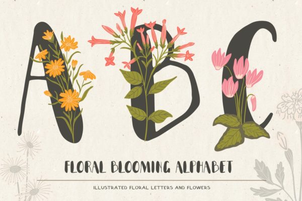 植物花卉装饰英文字母手绘素材 Flo