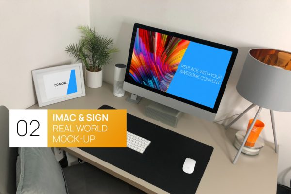宜家家居风格办公桌场景27寸iMac电脑16图库精选样机 iMac 27 with Sign Real World Photo Mock-up