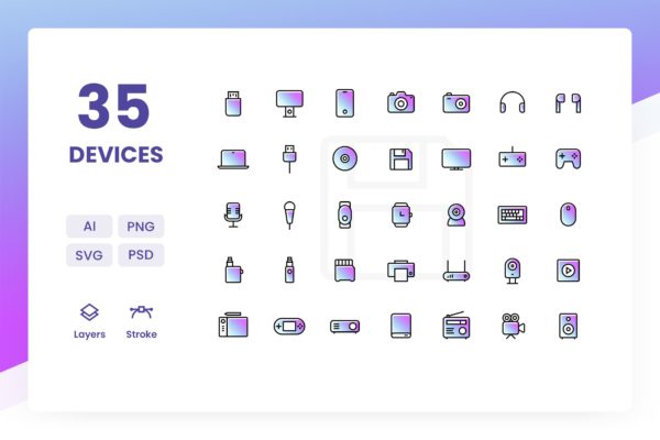 35枚办公设备渐变色矢量图标素材 Devices &#8211; Icons Pack (Gradient)