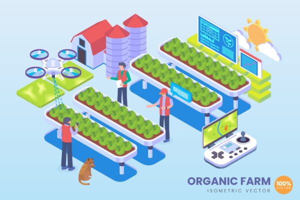 有机农场技术等距矢量16设计网精选概念插画 Isometric Organic Farm Technology Vector Concept