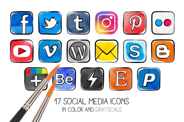 17种水彩效果社交媒体图标  Watercolor effect social media icons