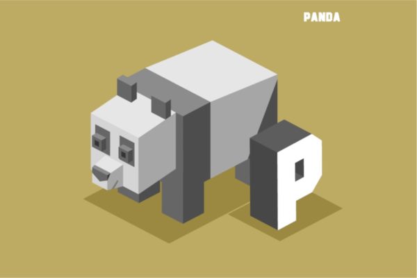字母P&amp;熊猫英文字母识字卡片设计2.5D矢量插画素材 P for Panda. Animal Alphabet