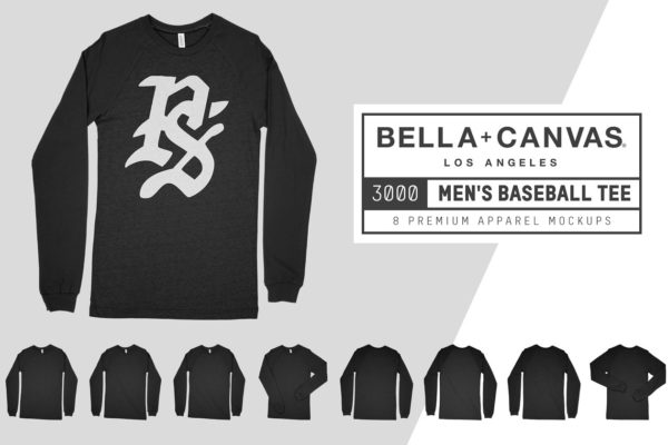 长袖篮球T恤服装样机 Bella Canvas 3000 Baseball Tee Mocks