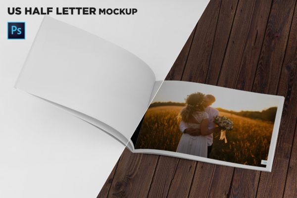 美国信纸规格宣传册内页版式设计翻页视图样机普贤居精选 US Half Letter Brochure Mockup Folded Page