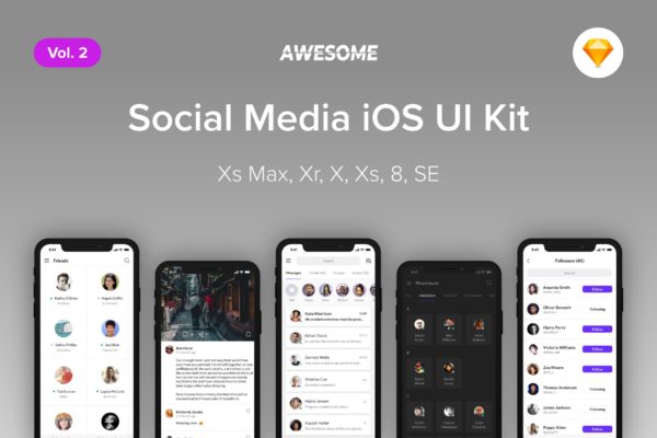iOS平台APP应用社交媒体界面设计UI套v2[Sketch] Awesome iOS UI Kit &#8211; Social Media Vol. 2 (Sketch)