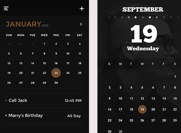酷黑日历应用界面模板 Gold &amp; Coal UI Kit – Calendars