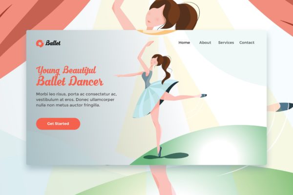 网站着陆页设计芭蕾舞矢量插画素材 Young Beautiful Ballet Dancer web template