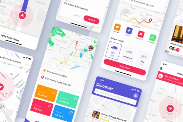 地图导航概念APP应用UI设计模板 Map &amp; Navigation UI concept for mobile app