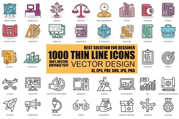 1000枚扁平化风格线条图标合集 Flat Line Icons