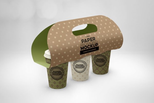 三个装纸杯饮料外带包装设计样机模板 Three Cup Paper Carrier Packaging Mockup