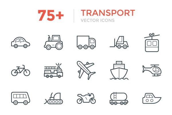 75+交通工具运输主题简笔画矢量图标 75+ Transport Vector Icons