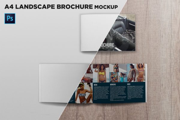 宣传画册/企业画册封面&amp;内页版式设计效果图样机素材中国精选 Cover &amp; Open Landscape Brochure Mockup Top View