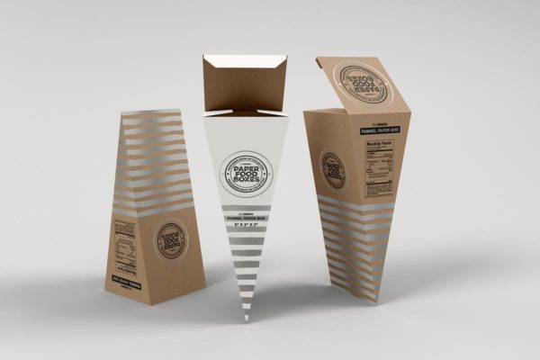 三角形食品纸盒包装样机模板 Funnel Paper Box Packaging Mockup
