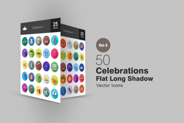 50枚节日庆祝主题长阴影圆形图标素材 50 Celebrations Flat Shadowed Icons
