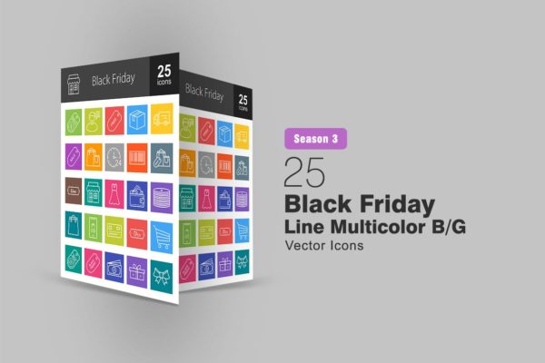 25枚黑色星期五黑白色矢量线性16图库精选图标 25 Black Friday Line Multicolor B/G Icons