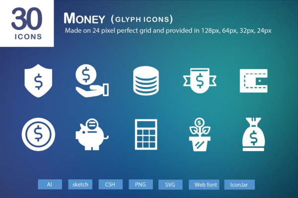 30枚投资金融网站APP字体图标  30 Money Glyph Icons