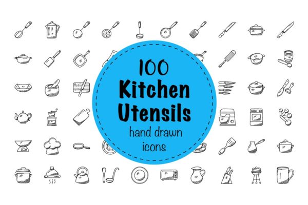 100枚涂鸦风格厨房用具图标 100 Doodles of Kitchen Utensils