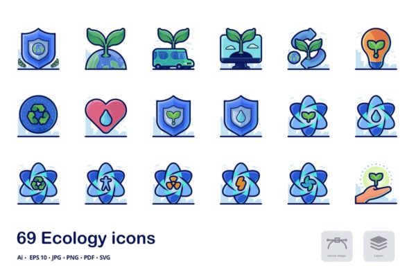 新能源生态环境主题图标集 Ecology Detailed Filled Outline icons