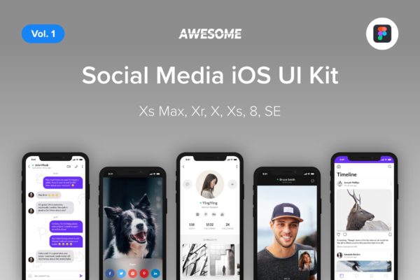 iOS平台社交类APP应用交互界面设计UI套件Figma模板v1 Awesome iOS UI Kit &#8211; Social Media Vol. 1 (Figma)