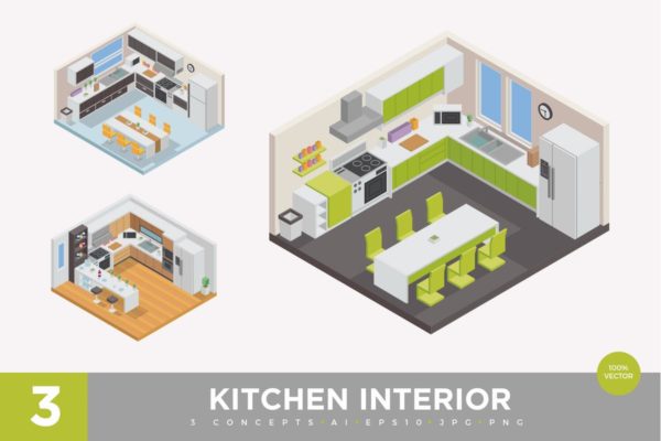 家庭厨房场景2.5D等距概念插画v1 3 Isometric Home Kitchen Interior Vector Set 1