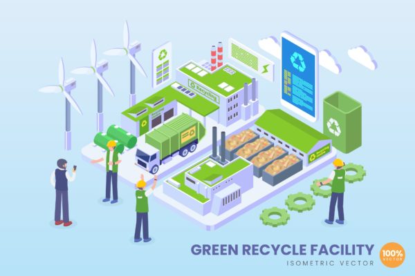 绿色循环环保工厂场景等距矢量科技16图库精选概念插画v1 Isometric Green Recycle Facility Vector Concept