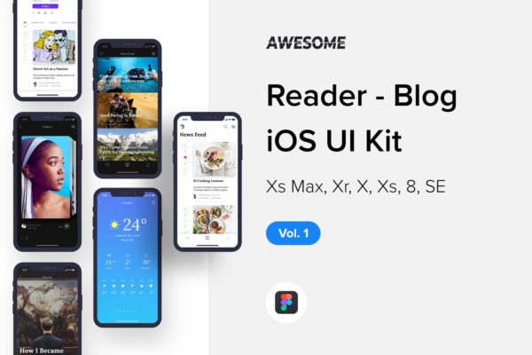 iOS平台信息流阅读APP应用设计套件v1[Figma] Awesome iOS UI Kit &#8211; Reader Blog Vol. 1 (Figma)