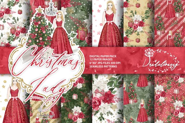 圣诞节&amp;美女手绘图案数码纸张背景素材 Christmas Lady digital paper pack