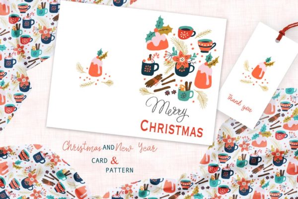 圣诞饮品手绘图案背景素材/贺卡设计模板 Spicy Christmas Greeting Card and Pattern