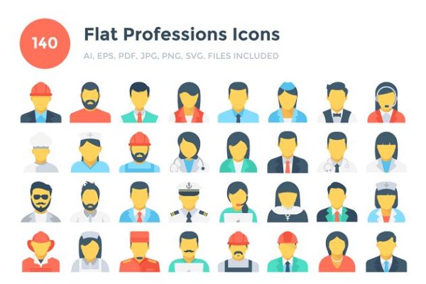 140枚职业人物形象扁平化设计图标素材 140 Flat Professions Icons