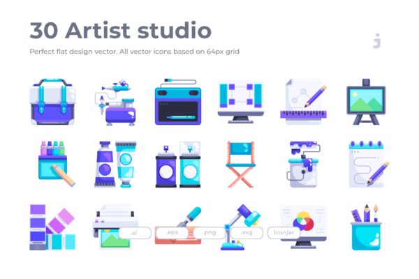 30枚艺术工作室扁平化设计图标 30 Artist studio Icons &#8211; Flat