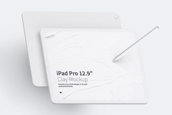iPad Pro平板电脑前视图&amp;后视图样机模板 Clay iPad Pro 12.9” Mockup, Landscape Front and Back View