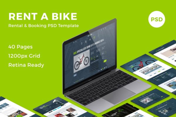 共享单车网页设计PSD模板 Rent a Bike &#8211; Rental &amp; Booking PSD Template