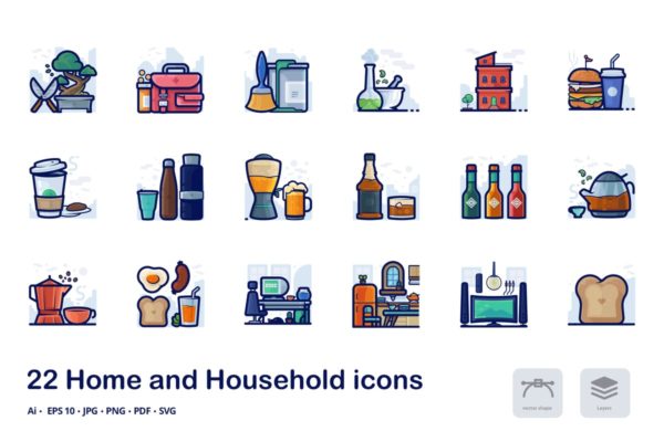 家庭生活概念矢量图标集 Home and household filled outline icons