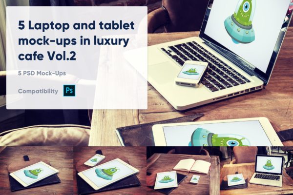 咖啡厅场景Macbook&amp;平板电脑16设计网精选样机模板v2 5 Laptop and tablet mock-ups in cafe Vol. 2