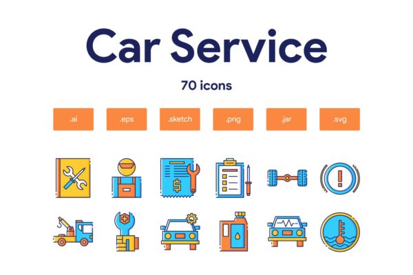 70枚汽车服务主题填色线性16图库精选图标 Car Service Icon Set