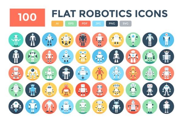 100枚扁平化设计机器人矢量图标 100 Flat Robotics Vector Icons