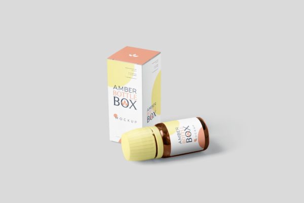 药物瓶&amp;包装纸盒设计图16设计网精选模板 Amber Bottle Box Mockup Set