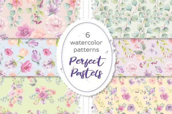 6款水彩花卉图案背景图素材 Perfect Pastels Watercolor Floral Patterns